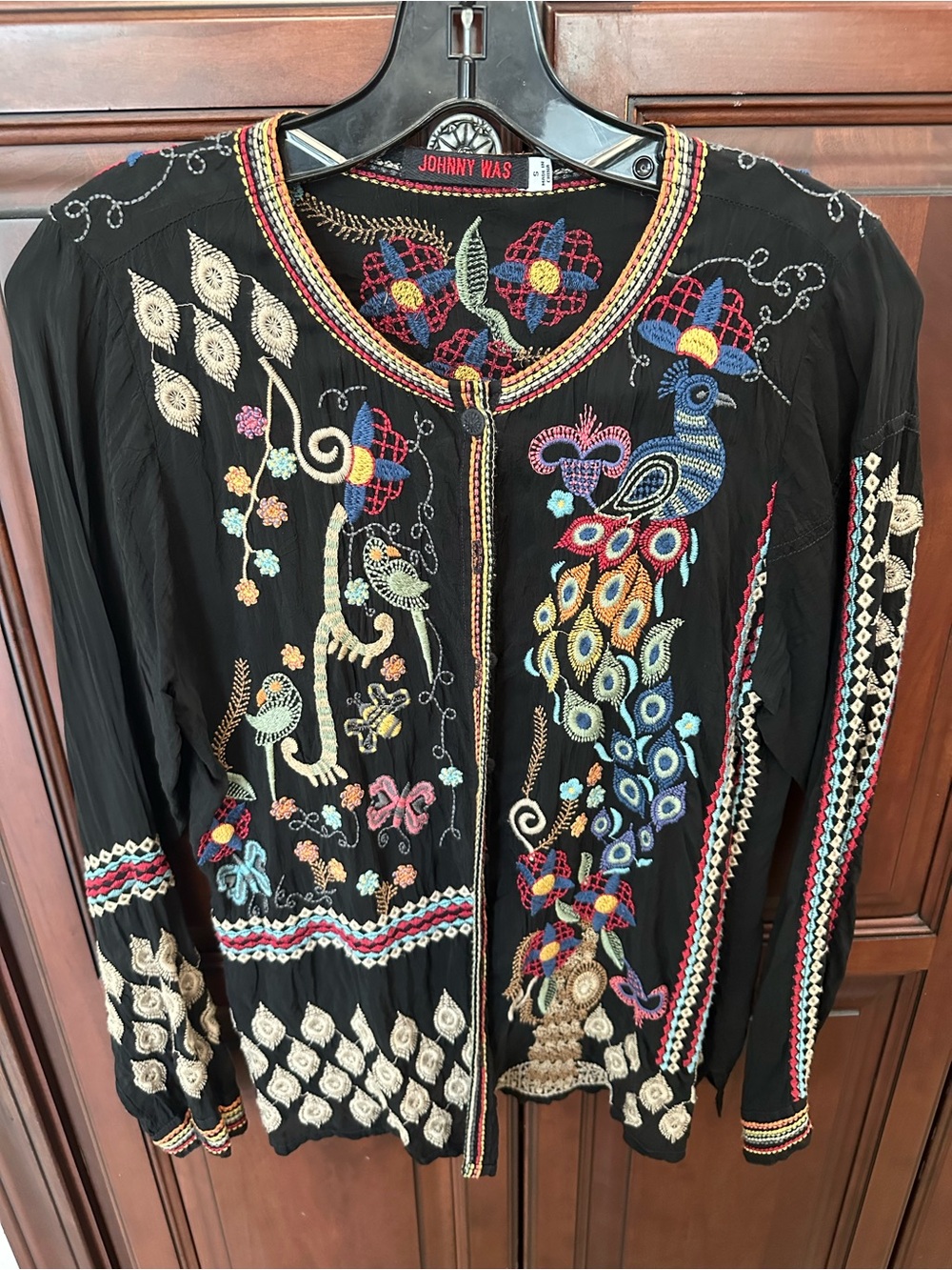 Johnny Was Black Embroidered Button-Down Top with Multicolor Peacock Motif